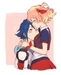  1boy 1girl annoyed blue_eyes blue_hair blush closed_eyes freyja_wion hayate_immelmann highres hug looking_up macross macross_delta mosako one_eye_closed orange_hair short_hair 