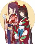  2girls :3 alternate_costume animal_ears bangs blush bow brown_hair closed_mouth cowboy_shot dog_ears eating eyebrows_visible_through_hair floral_print food gloves gundou_mirei hair_bow heterochromia highres holding holding_food inui_toko isshiki_(ffmania7) japanese_clothes kimono long_hair looking_at_viewer multiple_girls nijisanji obi open_mouth parted_bangs ponytail purple_eyes purple_hair red_eyes red_kimono sash simple_background smile straight_hair takoyaki toothpick two-tone_background very_long_hair virtual_youtuber white_background white_gloves wide_sleeves yellow_background yellow_eyes yukata 