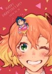  1boy 1girl blue_eyes blue_hair chibi dated freyja_wion green_eyes hair_ornament happy_valentine hayate_immelmann heart heart_hair_ornament highres looking_up macross macross_delta miniboy mosako one_eye_closed orange_hair smile 