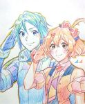  1boy 1girl blue_eyes blue_hair bow freyja_wion green_eyes hair_bow hair_ornament hayate_immelmann heart heart_hair_ornament highres idol looking_at_viewer macross macross_delta mosako orange_hair pilot_suit salute short_hair traditional_media 