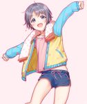  1girl :d commentary_request grey_eyes grey_hair highres idolmaster idolmaster_cinderella_girls jacket long_sleeves looking_at_viewer mikapoe open_clothes open_jacket open_mouth otokura_yuuki outstretched_arms pink_background pink_shirt shirt short_hair short_shorts shorts smile solo spread_arms sweat thighs towel 
