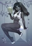  anthro black_body black_fur black_hair book bottomwear branch clothing female flower fur green_eyes green_gem hair hi_res lagomorph mammal plant rorarom solo teeth topwear white_body white_bottomwear white_clothing white_fur white_tail white_topwear 