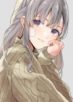 1girl bandaid bandaid_on_face bangs braid commentary_request grey_background grey_hair head_rest highres idolmaster idolmaster_shiny_colors long_hair looking_at_viewer looking_to_the_side pekoni_(peconi) purple_eyes sleeves_past_wrists solo sweater turtleneck turtleneck_sweater upper_body yuukoku_kiriko 