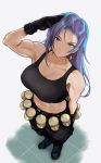  1girl alternate_hairstyle anagumasan blue_eyes blue_hair breasts crop_top earrings gloves hair_down highres jewelry large_breasts leona_heidern long_hair midriff muscle muscular_female navel salute solo the_king_of_fighters tile_floor tiles 