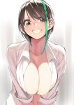  1girl breasts brown_hair clenched_teeth collarbone gen_(black_factory) green_eyes green_hair hair_over_one_eye highres large_breasts looking_at_viewer multicolored_hair open_clothes open_shirt original shirt short_hair smile solo streaked_hair teeth white_shirt 