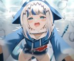  1girl animal_hood bangs blue_eyes blue_hair blue_hoodie blunt_bangs blurry blush blush_stickers bubble commentary depth_of_field drooling fangs gawr_gura half-closed_eyes highres hololive hololive_english hood looking_at_viewer medium_hair multicolored_hair nu_(naoyahirota61217010) open_mouth pov saliva shark_hood shark_tail sharp_teeth silver_hair smile solo streaked_hair tail teeth two-tone_hair underwater virtual_youtuber 