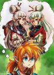  1boy 2girls blonde_hair blue_eyes blue_shirt eye_symbol grandmother_and_granddaughter green_background hand_on_own_chin hat highres impa link long_hair multiple_girls paya_(zelda) pointy_ears ponytail red_eyes sheikah shirt stoic_seraphim the_legend_of_zelda the_legend_of_zelda:_breath_of_the_wild thought_bubble watermark 