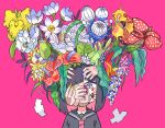  1girl bangs black_hair blue_eyes blue_nails flower leaf long_hair one_eye_covered original pink_background pink_nails red_flower red_nails simple_background solo terada_tera upper_body white_flower yellow_flower yellow_nails 