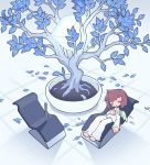  1girl blue_leaf blush brown_hair chair closed_eyes cube glowing knife long_sleeves off-shoulder_shirt off_shoulder original pants plant potted_plant shirt short_hair single_wing sleeping solo syringe tree white_pants white_shirt wide_shot wings yamori_511 