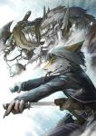  angry anthro arctic blue_eyes claws clenched_teeth clothed clothing fangs friends fur gun hair hi_res jacket johnsergal_(character) kemono leather link2004 male mammal melee_weapon mythology open_mouth ranged_weapon russia sergal silver_hair smile sword teeth tongue tongue_out topwear ursid weapon yellow_eyes 