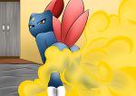 anthro bed blue_body bodily_fluids butt claws ear_size_difference fart fart_cloud fart_fetish feathers female foot_rub furniture gem genitals hi_res justwhite looking_at_viewer multi_tail nintendo paws pok&eacute;mon pok&eacute;mon_(species) pussy raised_tail red_eyes simple_background smile sneasel solo thick_thighs video_games 