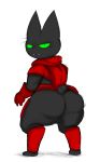  angry anthro backsack balls black_body black_fur blush cape cartoon_network clothing digitigrade domestic_cat felid feline felis fur genitals green_eyes hi_res locitony looking_at_viewer looking_back male mammal mao_mao:_heroes_of_pure_heart red_clothing sheriff_mao_mao_mao solo stubby_tail 