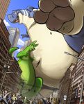  2013 3_fingers 3_toes 4_fingers belly big_belly blue_body blue_scales blue_sky building building_damage building_destruction city claws cloud destruction dinosaur duncan_roo duo electrical_pole fingers fur green_body green_fur hi_res hyper hyper_belly imminent_stomp kangaroo larger_pet macro macroceli macroceli_(artist) macropod male mammal marsupial nude open_mouth panic pet reptile running running_away scales scalie size_difference sky smile street_lamp theropod toes traffic_light tyrannosaurid tyrannosaurus tyrannosaurus_rex white_body white_claws 