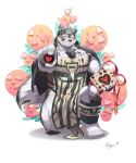  1boy alternate_costume animal_ears apron bara blush candy chest chest_hair chocolate chocolate_heart facial_hair food full_body furry grey_fur grey_hair headband heart highres horkeu_kamui_(tokyo_houkago_summoners) incoming_food incoming_gift kneeling male_focus multicolored_hair muscle short_hair silver_hair solo tail thick_thighs thighs tokyo_houkago_summoners two-tone_fur valentine white_fur wolf_boy wolf_ears wolf_tail yellow_eyes 