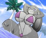  anthro big_breasts bikini breasts cheek_tuft clothed clothing disney ears_back facial_tuft female fur hands_behind_head hayakain judy_hopps lagomorph leporid mammal multicolored_body multicolored_fur navel outside palm_tree partially_submerged pivoted_ears purple_eyes rabbit skimpy smile solo string_bikini swimwear thick_thighs tree tuft two_tone_body two_tone_fur water wet wide_hips zootopia 