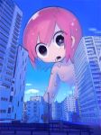  1girl black_eyes blue_sky building cloud dripping giantess no_nose original outdoors pink_hair short_hair sky solo terada_tera tree 