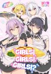  4boys apron aqua_eyes ayase_yuzu black_dress black_hair blonde_hair blue_eyes closed_mouth detached_collar dress eyebrows_visible_through_hair eyes_visible_through_hair girls!_girls!_girls!? gloves hair_between_eyes hair_over_one_eye hayasaka_kaede kaduki_sena long_hair maid maid_apron maid_dress maid_headdress male_focus multiple_boys nanase_nagisa official_art open_mouth otoko_no_ko purple_eyes purple_hair short_hair smile white_gloves white_hair 