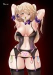 1girl :p armpits arms_behind_head arms_up artist_name black_legwear black_panties blonde_hair blush bow bowtie breasts condom condom_in_mouth condom_wrapper corruption cowboy_shot cum cum_in_pussy cumdrip eyepatch facial fischl_(genshin_impact) garter_belt garter_straps genshin_impact green_eyes hair_over_one_eye half-closed_eye heart heart-shaped_pupils highres lingerie long_hair medium_breasts mouth_hold naughty_face navel nipple_slip nipples panties skindentation solo strap_slip striped striped_panties symbol-shaped_pupils tattoo thick_thighs thighhighs thighs tnolize tongue tongue_out twintails underwear used_condom wide_hips 