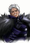  1boy anagumasan dark_skin dark_skinned_male fingerless_gloves fur_trim gloves grin highres krizalid scar scar_across_eye smile solo the_king_of_fighters white_background white_hair 