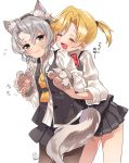  2girls animal_ears bangs black_legwear black_skirt blonde_hair blush closed_eyes closed_mouth deco_(geigeki_honey) fake_animal_ears flying_sweatdrops gloves grey_hair highres kantai_collection maikaze_(kantai_collection) multiple_girls nowaki_(kantai_collection) open_mouth pantyhose paw_gloves paws ponytail red_neckwear shirt signature simple_background skirt tail translation_request vest white_background white_shirt wolf_ears wolf_tail 