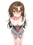  1girl bare_shoulders blush breasts brown_eyes brown_hair camisole cleavage collarbone grey_hoodie highres leaning_forward long_hair looking_at_viewer medium_breasts midriff navel nose_blush original rubyaano_(ducl323) simple_background solo standing tears white_background 