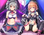  2girls braids garter idolmaster idolmaster_cinderella_girls kanzaki_ranko kyamu_(qqea92z9n) navel ninomiya_asuka shorts skirt spread_legs thighhighs twintails wings 