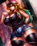  1girl alamander black_legwear black_tank_top blonde_hair blue_hair breasts cleavage covered_nipples denim denim_shorts dragon_girl dragon_horns green_hair hand_on_hip hat highres horns horns_through_headwear kobayashi-san_chi_no_maidragon large_breasts multicolored_hair nipples one_eye_closed pink_headwear quetzalcoatl_(maidragon) shorts signature tank_top thick_thighs thighhighs thighs 