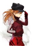 1girl blue_eyes bodysuit evangelion:_3.0_you_can_(not)_redo expressionless feet_out_of_frame from_side gloves hand_in_pocket hat hncl holding holding_clothes holding_hat jacket medium_hair neon_genesis_evangelion plugsuit rebuild_of_evangelion red_bodysuit red_gloves red_hair red_jacket shaded_face shikinami_asuka_langley solo souryuu_asuka_langley white_background 