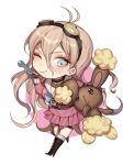  1girl ;) antenna_hair bangs blonde_hair blue_eyes blush boots breasts buneary chibi choker cleavage commentary_request danganronpa fingerless_gloves full_body gen_4_pokemon gloves goggles goggles_on_head holding iruma_miu jewelry long_hair long_sleeves looking_at_viewer necklace new_danganronpa_v3 o-ring one_eye_closed pink_skirt pleated_skirt pokemon school_uniform serafuku skirt smile standing very_long_hair white_background zuizi 