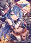  1girl :d akkijin animal_ear_fluff animal_ears arm_up armpits bandage_over_one_eye bandaged_arm bandaged_leg bandages bare_shoulders bat blue_hair breasts claws collar fang full_moon garter_straps green_eyes halloween highres long_hair looking_at_viewer mini_wings moon navel official_art open_mouth revealing_clothes shinkai_no_valkyrie small_breasts smile solo squall_(shinkai_no_valkyrie) stomach thigh_strap thighs very_long_hair wolf_ears wolf_girl 