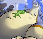 2016 accident aircraft anthro belly big_belly blue_body blue_scales blue_sky cartoon_physics city claws cloud dinosaur duncan_roo duo flattened fur green_body green_fur helicopter hyper hyper_belly kangaroo larger_pet lying macro macroceli macroceli_(artist) macropod male mammal marsupial nude on_front peeling pet reptile scales scalie size_difference sky squish stuck_together tail_grab theropod tyrannosaurid tyrannosaurus tyrannosaurus_rex white_body white_claws 