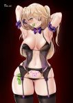  1girl :p armpits arms_behind_head arms_up artist_name black_legwear black_panties blonde_hair blush bow bowtie breasts condom condom_in_mouth condom_wrapper corruption cowboy_shot eyepatch fischl_(genshin_impact) garter_belt garter_straps genshin_impact green_eyes hair_over_one_eye half-closed_eye heart heart-shaped_pupils highres lingerie long_hair medium_breasts mouth_hold naughty_face navel nipple_slip nipples panties skindentation solo strap_slip striped striped_panties symbol-shaped_pupils tattoo thick_thighs thighhighs thighs tnolize tongue tongue_out twintails underwear wide_hips 