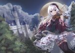  building clouds dress instrument long_hair moon original sky tagme_(artist) thighhighs violin white_hair 