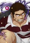  1boy bara berserker_rage brown_hair chest collarbone facial_scar glowing glowing_eyes gunzo_(tokyo_houkago_summoners) injection leaning_forward looking_at_viewer male_focus muscle red_eyes rugby_uniform scar short_hair shorts solo sportswear thick_eyebrows tokyo_houkago_summoners yon_yon_(shikawafu) 