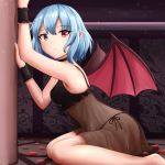  1girl bare_arms bare_shoulders bat_wings black_choker black_panties blue_hair breasts choker expressionless from_side highres kneeling kuneamorai leaning_forward lingerie looking_at_viewer looking_to_the_side medium_breasts medium_hair negligee panties petals pointy_ears red_eyes remilia_scarlet rose_petals side-tie_panties solo touhou underwear wings wrist_cuffs 