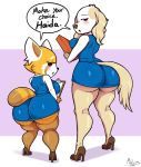  absurd_res aggressive_retsuko ailurid anthro big_butt bird_dog blush butt canid canine canis digital_media_(artwork) domestic_dog duo english_text female female/female golden_retriever hi_res hunting_dog inui_(aggressive_retsuko) mammal mehdrawings red_panda retriever retsuko sanrio simple_background take_your_pick text thick_thighs wide_hips 