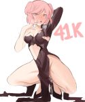  1girl bangs black_dress black_footwear blush breasts cosplay covered_navel doki_doki_literature_club dress followers kneeling long_sleeves looking_at_viewer medium_breasts natsuki_(doki_doki_literature_club) one-punch_man open_mouth pink_eyes pink_hair rakeem_garcia-cueto shoes short_hair simple_background solo tatsumaki tatsumaki_(cosplay) torn_clothes torn_dress white_background 