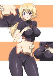  1girl absurdres bike_shorts blonde_hair blush breasts charlotte_dunois covered_nipples hand_on_breast highres infinite_stratos jewelry long_hair medium_breasts midriff multiple_views navel necklace purple_eyes shiny shiny_hair shiny_skin soracone standing taut_clothes 