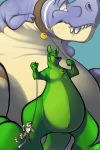  2016 anthro belly big_belly big_dom_small_sub blue_body blue_scales brown_collar brown_leash collar dinosaur domestic_cat duncan_roo duo felid feline felis fur geoffroy&#039;s_cat green_body green_fur hanging_by_neck hashtagpurr hyper hyper_belly kangaroo larger_pet leash leash_pull leopardus looking_at_viewer macro macroceli macroceli_(artist) macropod male mammal marsupial micro name_tag nude pet reptile scales scalie size_difference size_play small_dom_big_sub theropod tyrannosaurid tyrannosaurus tyrannosaurus_rex white_body white_fur 