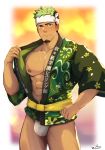  1boy abs absurdres bara bare_chest black_hair blush bulge chest come_hither cowboy_shot dark_skin dark_skinned_male facial_hair festival fundoshi goatee green_eyes green_kimono highres japanese_clothes kimono loincloth looking_at_viewer male_focus manly multicolored_hair muscle nipples open_clothes open_kimono short_hair sideburns solo sweat taurus_mask thick_thighs thighs tokyo_houkago_summoners two-tone_hair zifuuuun 