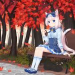  1girl animal_ear_fluff animal_ears autumn_leaves bangs bell black_cat blue_bow blue_eyes bow cat cat_ears cat_tail eyebrows_visible_through_hair hair_bow highres jingle_bell long_hair looking_at_viewer low_twintails nekopara nekoze_(s22834712) outdoors shirt sitting skirt slit_pupils smile solo tail twintails vanilla_(nekopara) white_shirt 