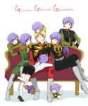  6+boys belt blonde_hair blue_eyes boots cape char_aznable chibi child epaulettes garma_zabi gundam gundam_gihren_no_yabou highres long_hair military military_uniform mobile_suit_gundam mobile_suit_gundam_the_origin multiple_boys multiple_persona older p.kibi ponytail purple_hair short_hair sitting time_paradox uniform younger 