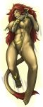  absurd_res anthro breasts brown_body brown_fur claws clothed clothing dakimakura_design felid female fluffy fluffy_tail fur gem genitals hair hi_res link2004 lion lying mammal nipple_piercing nipples pantherine partially_clothed piercing pussy red_body red_fur red_hair sekhmet_(link2004) simple_background solo teeth white_background yellow_eyes 