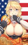  1girl absurdres american_flag_background blonde_hair blue_eyes breasts cleavage eating fingerless_gloves food french_fries front-tie_top gloves guchagucha hamburger headgear highres holding holding_food hot_dog iowa_(kantai_collection) kantai_collection large_breasts pizza solo star-shaped_pupils star_(symbol) symbol-shaped_pupils upper_body wrist_cuffs 