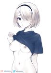  1girl arm_behind_back black_eyes black_shirt breasts breasts_outside closed_mouth hair_over_one_eye hairband helloimtea lifted_by_self limited_palette looking_at_viewer medium_breasts mole mole_under_eye navel nier_(series) nier_automata no_bra patreon_username shirt shirt_lift short_hair short_sleeves silver_hair simple_background solo stomach twitter_username upper_body white_background yorha_no._2_type_b 