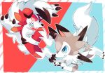  2020 ambiguous_gender blue_background blue_eyes border brown_body brown_fur canid chest_tuft chibi claws detailed_background digital_media_(artwork) dipstick_ears dipstick_hair dipstick_limbs duo feral fur fur_tuft hair looking_at_viewer lycanroc mammal midday_lycanroc midnight_lycanroc multicolored_ears nintendo open_mouth pok&eacute;mon pok&eacute;mon_(species) pounce red_background red_body red_eyes red_fur semi-anthro simple_background spikes tuft video_games white_body white_border white_fur white_hair zoroa553 