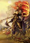  anthro armor breasts brown_body brown_fur claws clothed clothing detailed_background felid female fire fur hair hi_res holding_object link2004 lion mammal pantherine red_eyes red_hair sekhmet_(link2004) solo 