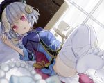  1girl absurdres arno_(ft3014) beads bed bed_sheet braid braided_ponytail dress feet frilled_dress frills genshin_impact hair_ornament highres jiangshi looking_at_viewer lying on_back on_bed open_mouth purple_eyes purple_hair qiqi soles solo thighhighs toes white_legwear 