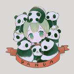  1girl ayu_(mog) blush braid bright_pupils bun_cover china_dress chinese_clothes closed_mouth double_bun dress green_eyes green_hair grey_background head_tilt looking_at_viewer original panda red_dress signature simple_background solo twin_braids white_pupils 