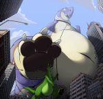  2018 3_fingers 3_toes 4_fingers accident anthro belly big_belly blue_body blue_scales blue_sky brown_collar brown_leash building building_damage city claws cloud collar dinosaur duncan_roo duo fingers fur green_body green_fur hyper hyper_belly imminent_stomp kangaroo larger_pet leash macro macroceli macroceli_(artist) macropod male mammal marsupial name_tag nude pet reptile scales scalie size_difference sky theropod toes tyrannosaurid tyrannosaurus tyrannosaurus_rex white_body white_claws 
